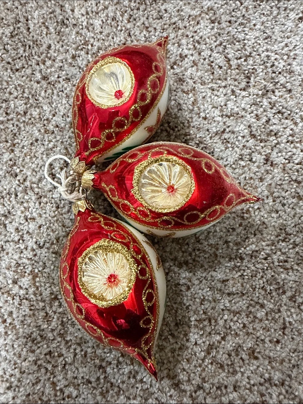 Vintage Polish Glass Christmas Ornaments Indented Reflector Red White 3PC Set